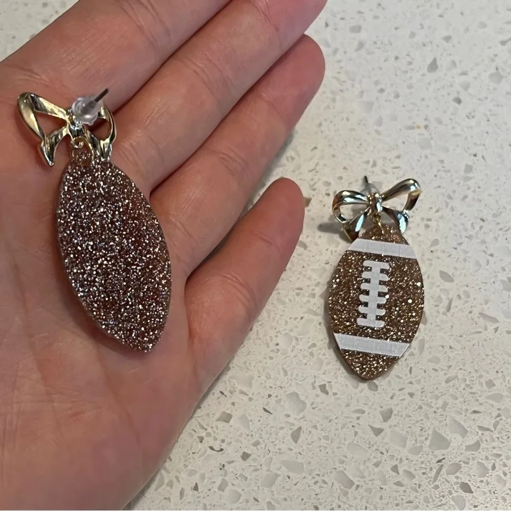 Gold Glitter Football Earrings‎ with bow